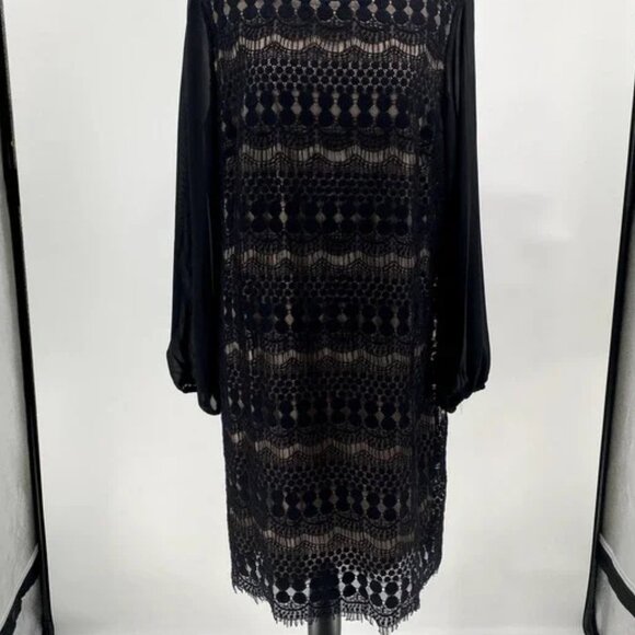 Ronni Nicole Dresses & Skirts - Ronni Nicole Black Lace Long Sleeve Shift Dress w/ Nude Body Lining Size 18